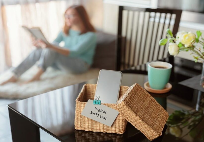 Smartphone,Is,In,Separate,Wicker,Box,With,Inscription,Digital,Detox